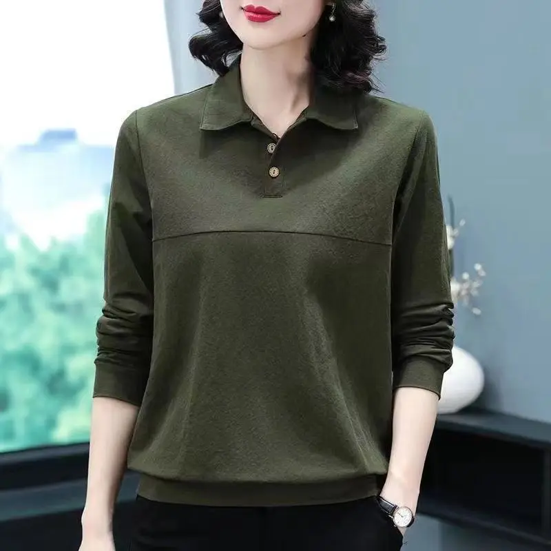 Commuter Versatile Women\'s Clothing Autumn and Winter New Spliced Buttons POLO Collar Long Sleeve Temperament Pullover Shirt