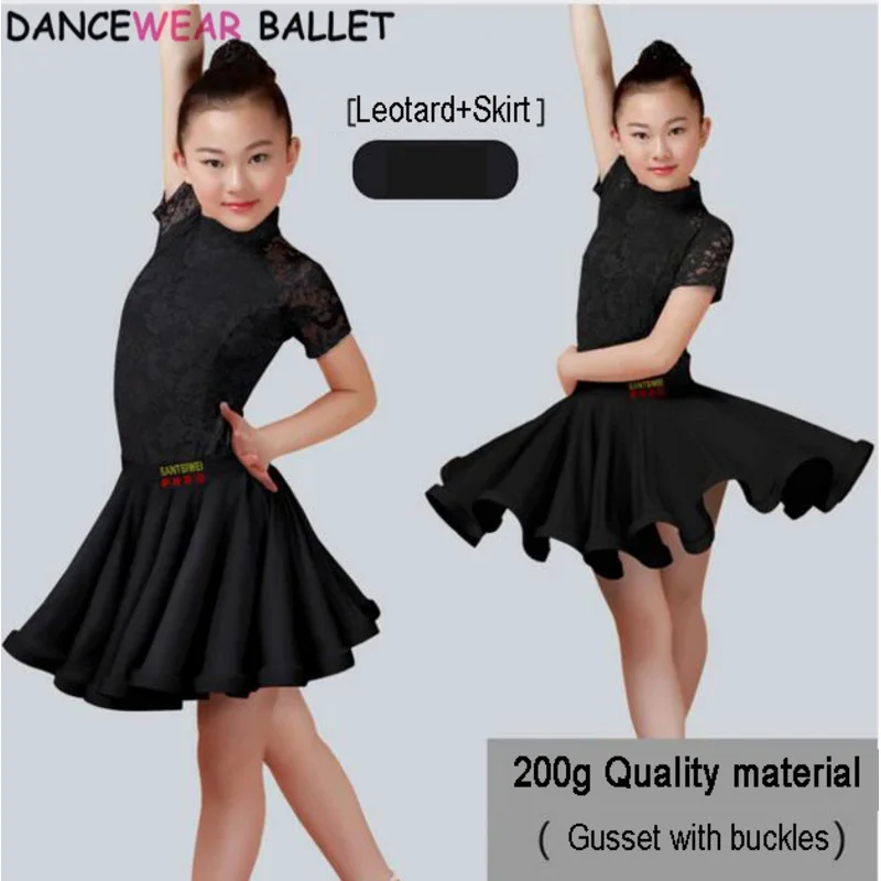 New Girls latin dance skirt Ballroom Salsa Tango Skirts Kid Child Lace Split Dress With Leotard And