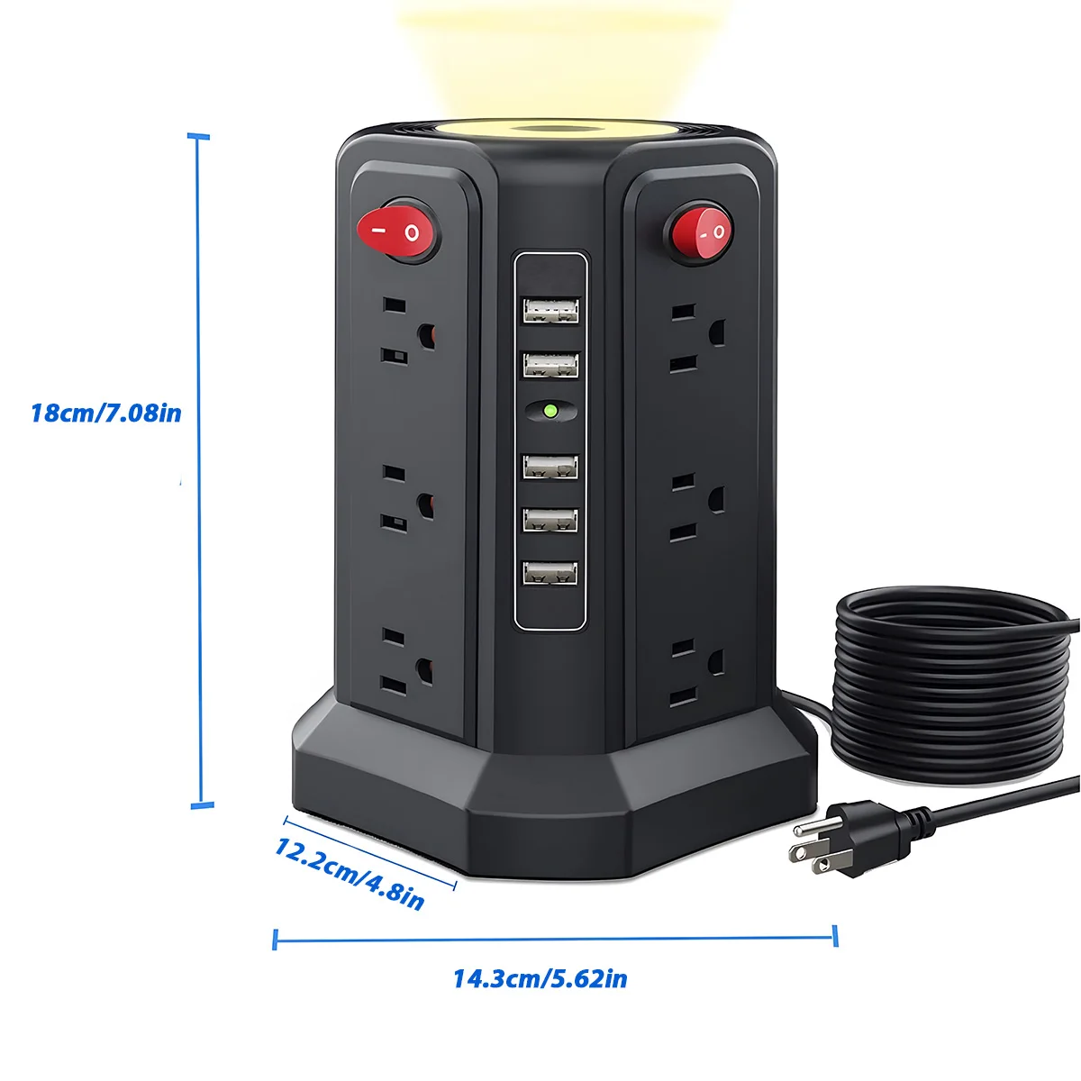 Vertical Socket with 12 Outlets 5 USB Ports and Night Light 5.9FT Extension Cord with Multiple Outlets US Plug Power Strip Tower