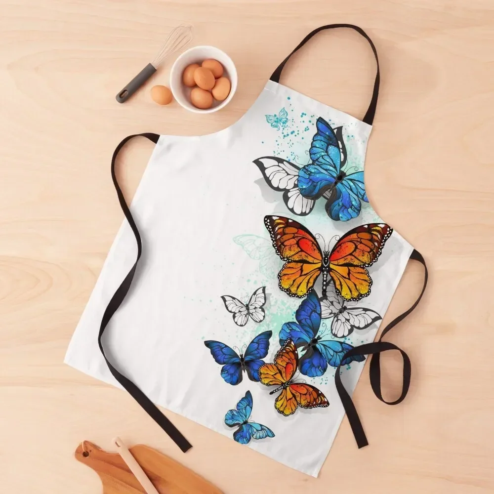 Flying Butterflies Morpho and Monarch Apron For Kitchen Women man chef uniform kitchen woman for kitchen useful Apron