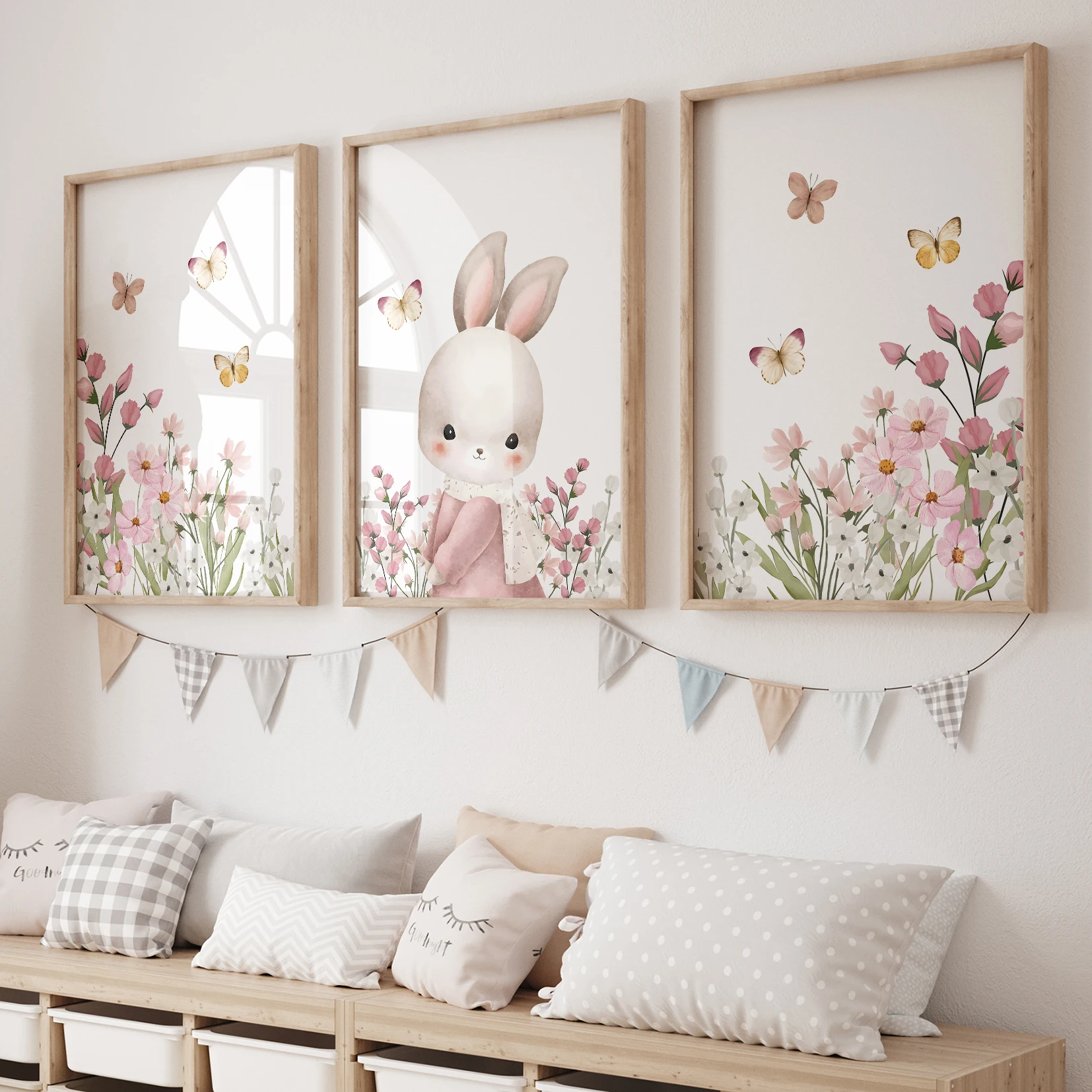 3 stücke Cartoon Kinder Kaninchen In Die Blumen Wand Kunstdrucke Leinwand Malerei Poster Bild Für Wohnzimmer Wohnkultur