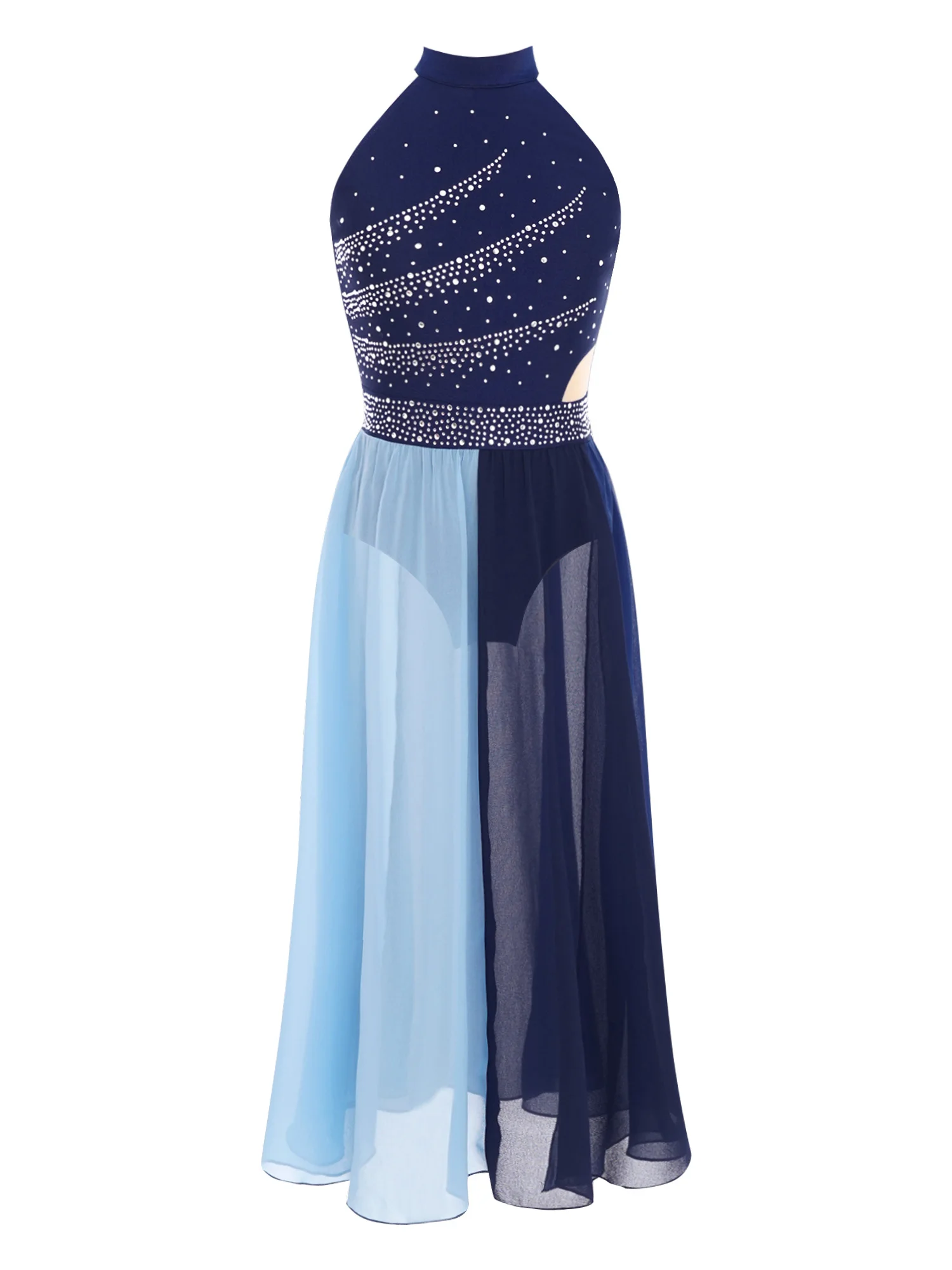 Mädchen Modern Lyrical Dance Kleid Ballett Skating Gymnastic Trikot Ärmelloses Strass Chiffon Kleid Bühnenkostüm