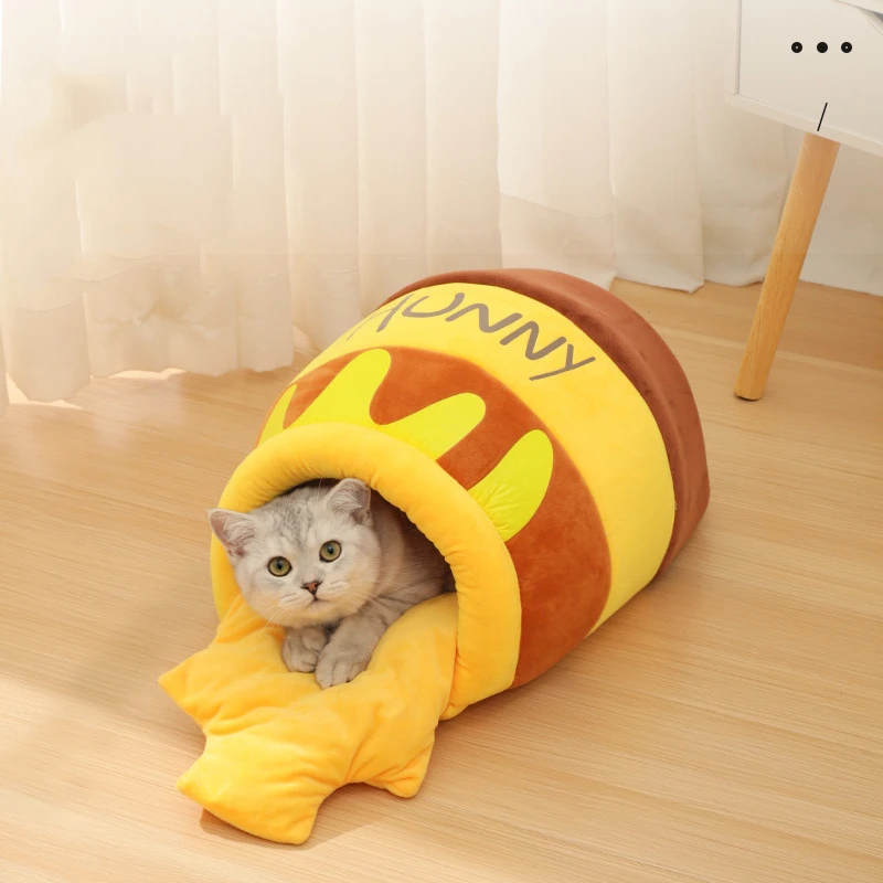 Honeypot Cat Bed House Pet Accessories Four Seasons Plush Mat Cats Cushion Basket Honey Jar Shape Pets Product for Small Cat