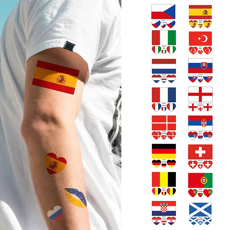 10 Sheets 2024 European Cup Flag Temporary Tattoos National Flag Face Stickers Waterproof Arm Stickers Germany Football Fan Gift