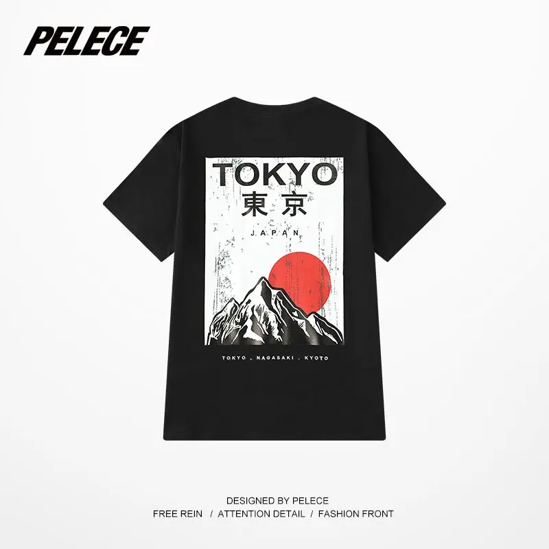 

2025 New Men's 100% Pure Cotton Print Japanese Style Tokyo Mount Fuji T-shirt Trendy Brand Round Neck Leisure Tees Top Unisex