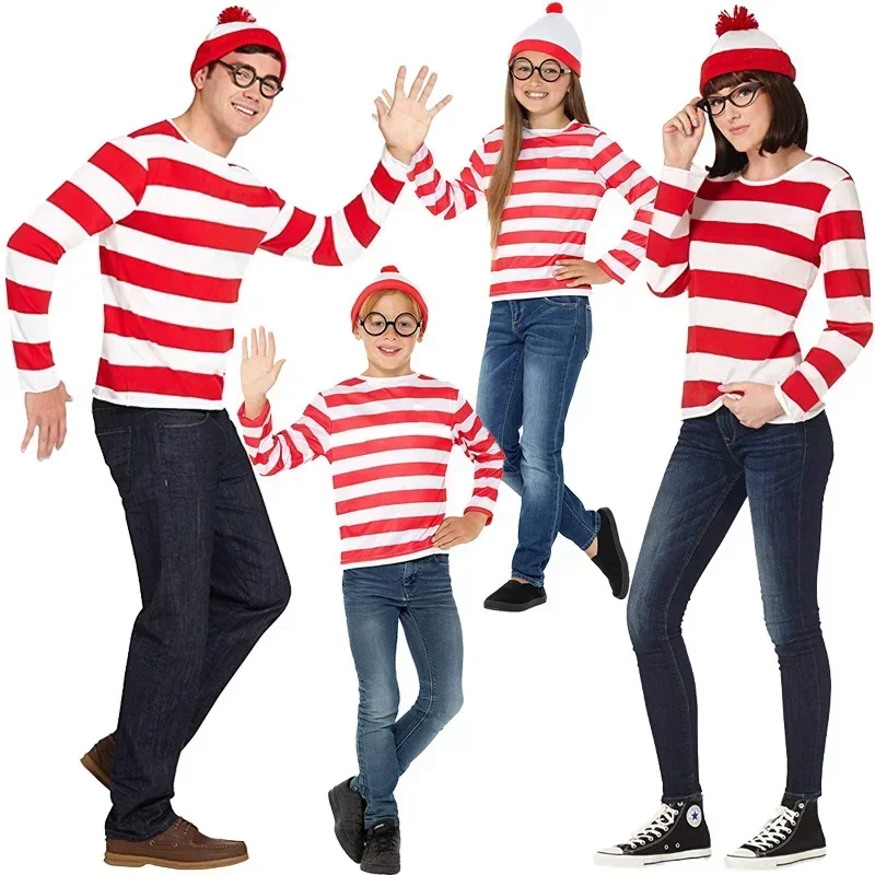 Wheres Waldo Striped Shirt Kids Boys Wally Costume Shirt Glasses Hat Socks Unisex Adults Christmas Halloween Cosplay Costume