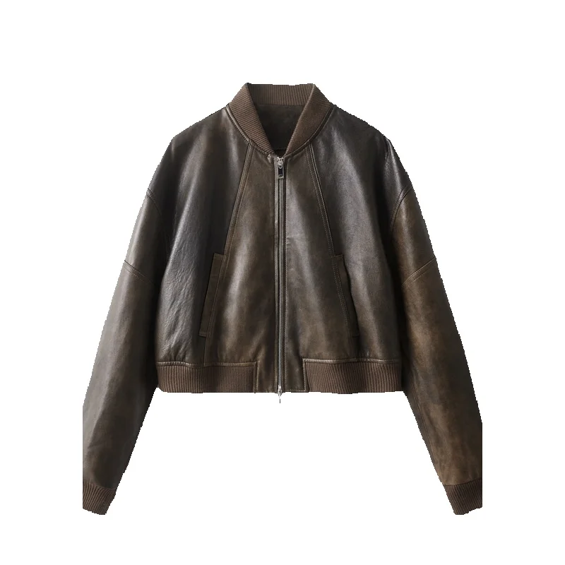 Veste de moto courte en cuir véritable peint pour femme, veste de baseball Jac, peau de mouton neuve, populaire sur Internet, même style