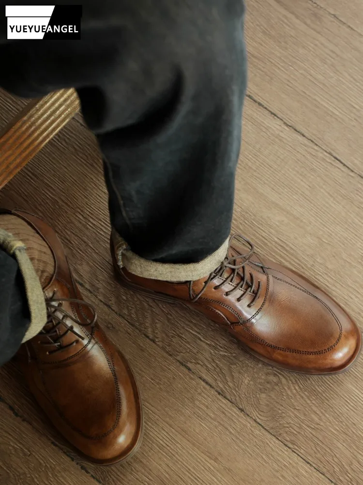 

Мужские однотонные модельные туфли из воловьей кожи на шнуровке для отдыха, обувь дерби ручной работы из натуральной кожи с круглым носком, износостойкая обувь на низком каблуке