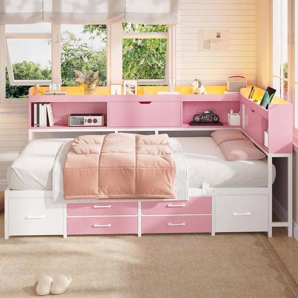 

14-дюймовая односпальная кровать с местом для хранения, книжным шкафом, 6 ящиками, функцией дивана-кровати, зарядной станцией, светодиодной подсветкой, металлической платформой, экономия пространства, розовая, для