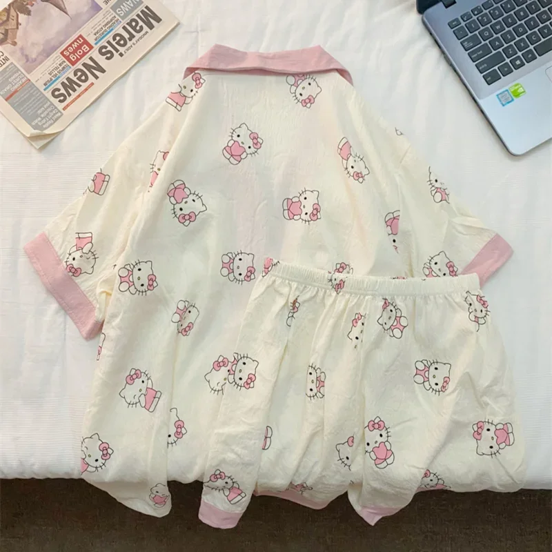 Sanrio Hello Kitty Summer Ice Silk Short Sleeve Shorts Casual Two-Piece Suit Women's Clothing Pajamas Pajamas Silk Pajamas Women