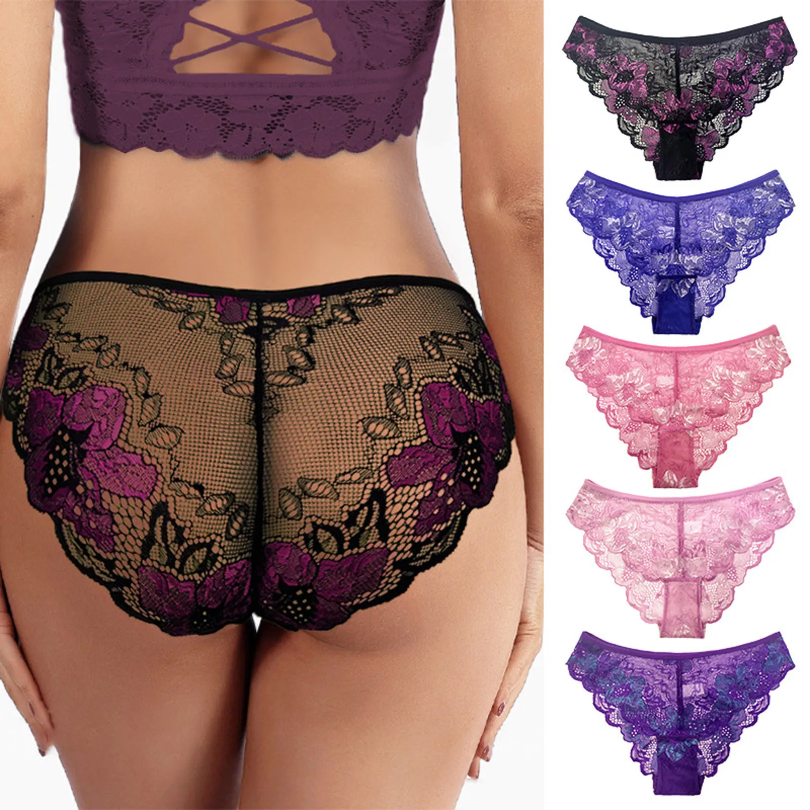 

Women Panties Embroidered Flower Lace Transparent Hollow Out Underwear Comfort Seamless Low Waist Briefs Lingerie Lenceria Thong