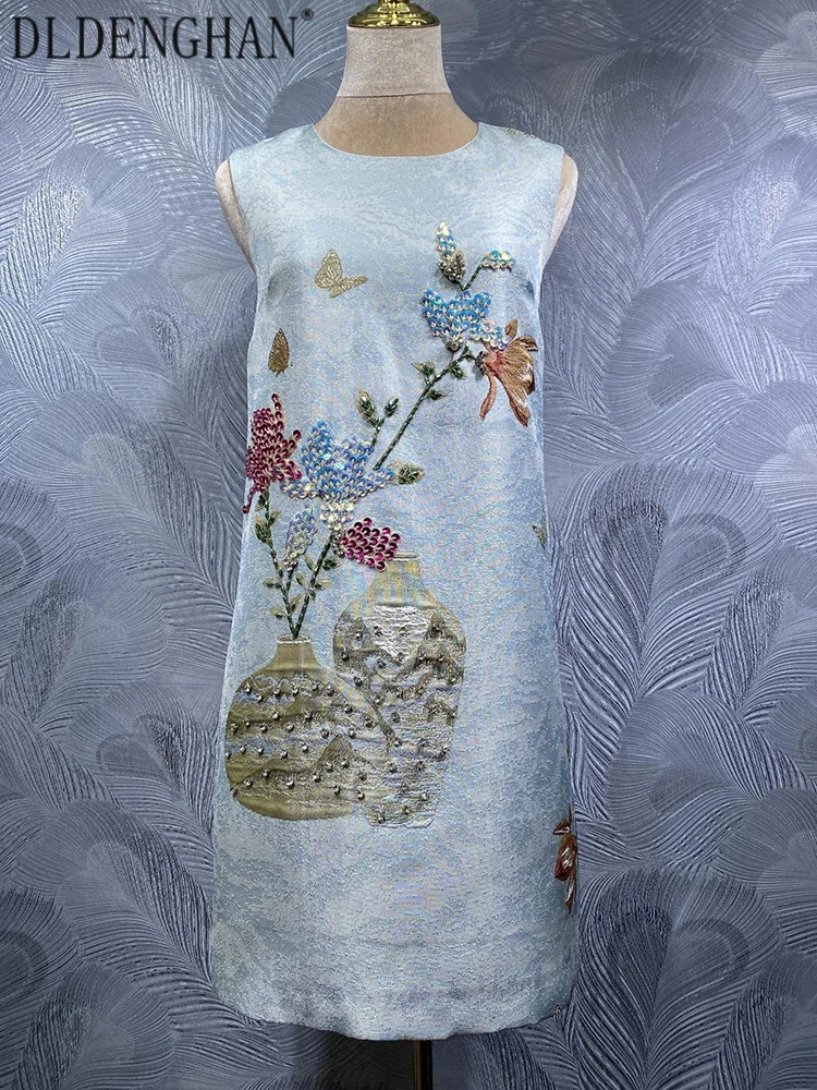 DLDENGHAN Sequin Beading Vest Dress For Women O-Neck Sleeveless Vintage Jacquard Mini Dresses Summer Fashion Female