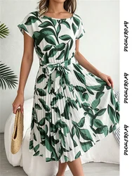 FICUSRONG Fashion Floral Pleated A Line Long Dress Women Spring Summer Short Sleeve High Waist Chic Dress