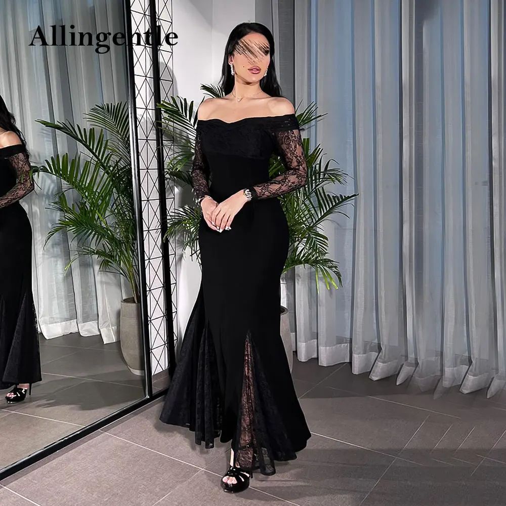 

Black Mermaid Evening Dress Off Shoulder Lace Long Sleeves A Line Prom Gown Thigh Slit Saudi Women Dubai Formal Gowns Customized