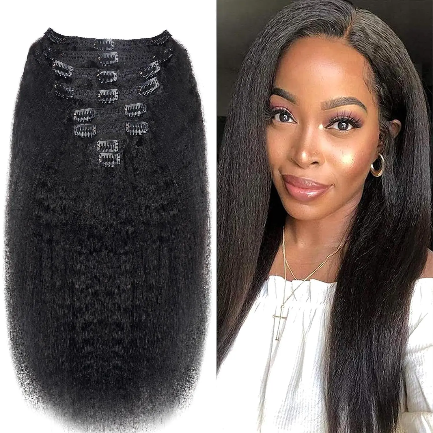 

Clip In Hair Extensions 100% Brazilian Virgin Hair Seamless Kinky 8Pcs With Real Human Hair For Black Women