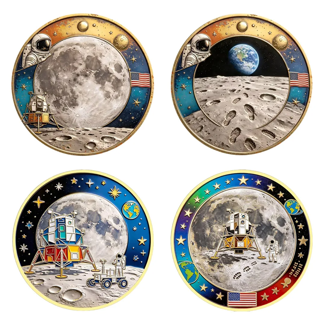Moneda Conmemorativa Lunar de Exploración Espacial, Moneda de Desafío de la Aterrización en la Luna del Apolo 11, Recuerdo con Huellas de Astronautas
