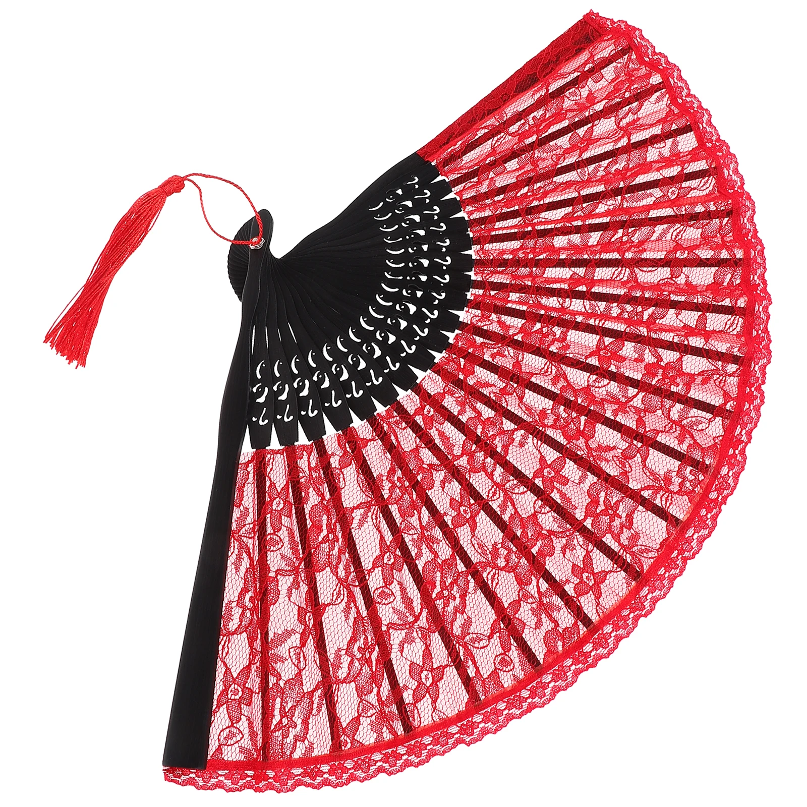 

Double Layer Lace Fan Foldable Style Handheld Fans Red Long Handle Decorative Prop Retro Folding Fans