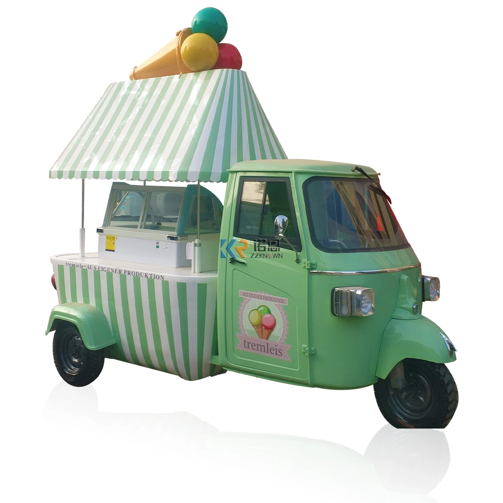 Electric Piaggio Ape Ice Cream Truck Gelato Cart Three Wheel Motorcycle Scooter Mobile Display Showcase Salad Bar Refrigerator