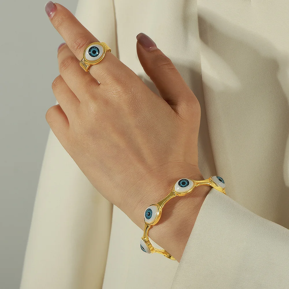 Enamel Eye Heart Rings Open Bangles Copper Adjustable Turkish Evil Eye Bangle Ring Set for Women Girls Jewelry