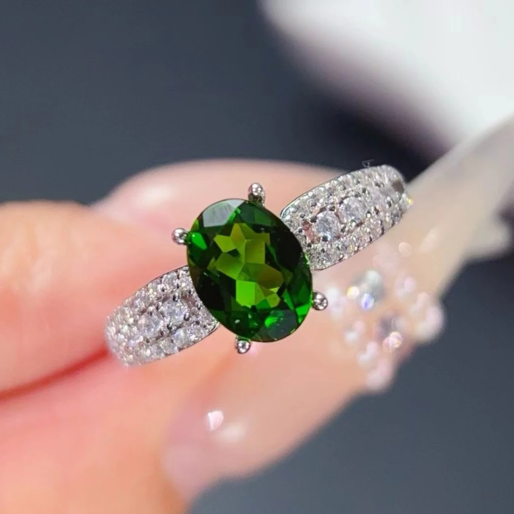 

Natural Diopside Ring for Engagement 6mm*8mm 1ct Diopside Silver Ring with Certificate 925 Silver Jewelry