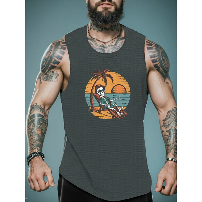 Men's Breathable Sleeveless Tank Top Summer Hot Casual Sporty Skull And Hawaii Geometric Print Polyester Outdoor Activities Vest