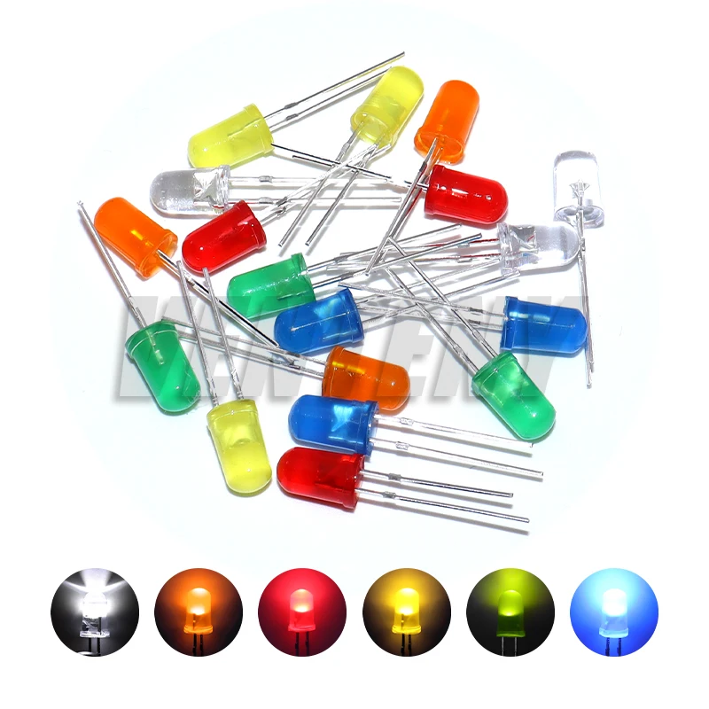 5mm 확산 LED 다이오드 키트 램프 발광 다이오드 전구 표시기 5mm 흰색 빨간색 파란색 녹색 주황색 노란색 3V