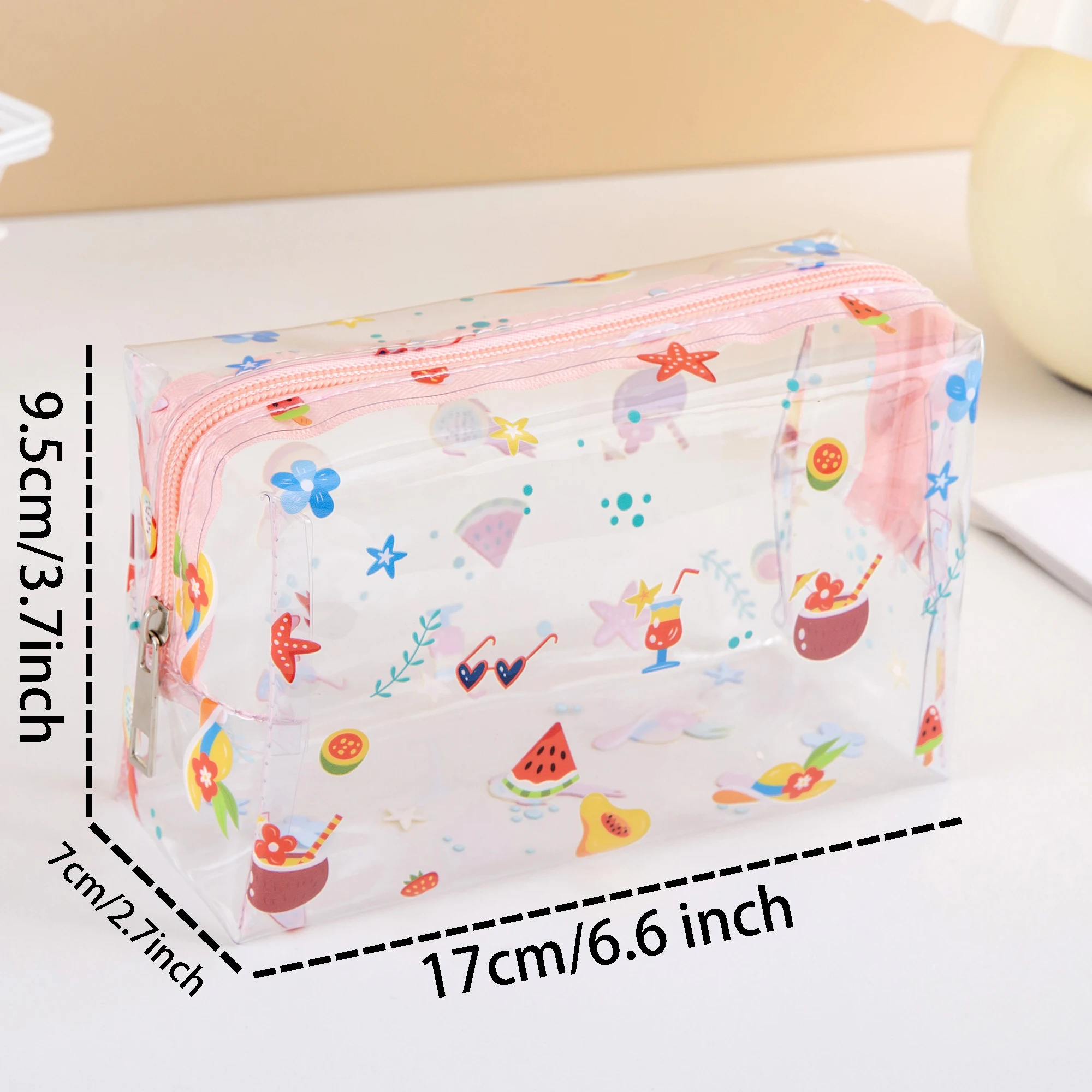 Summer Cute Waterproof Clear printing Cosmetics Bag PVC Zippered Toiletry Carry Pouch  for  Beach Swimming Travel