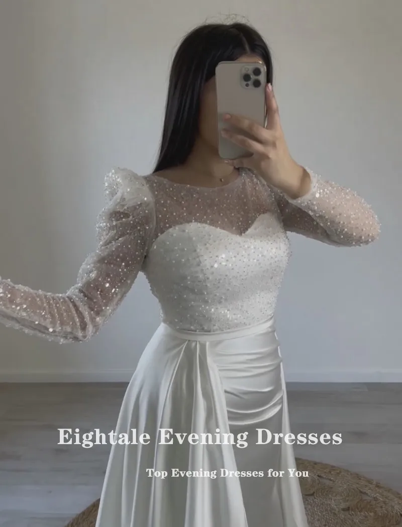 Eightale Luxury Evening Dress with Detachable Skirt Long Sleeves White Satin Customized Mermaid Prom Party Gowns