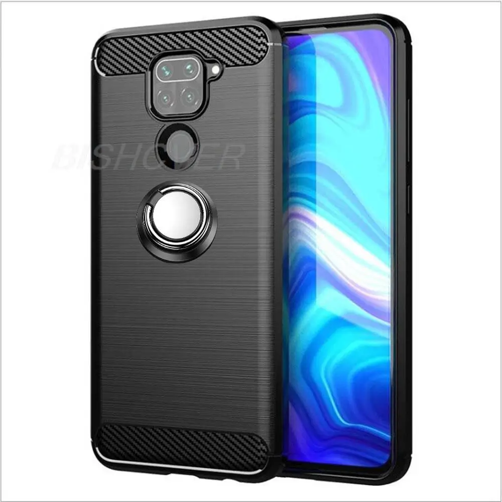 Luxury Brushed Carbon Fiber Phone Case For Xiaomi Redmi Note 9 Redmi 10X 4G M2003J15SG Magnetic Ring Holder Cover Case