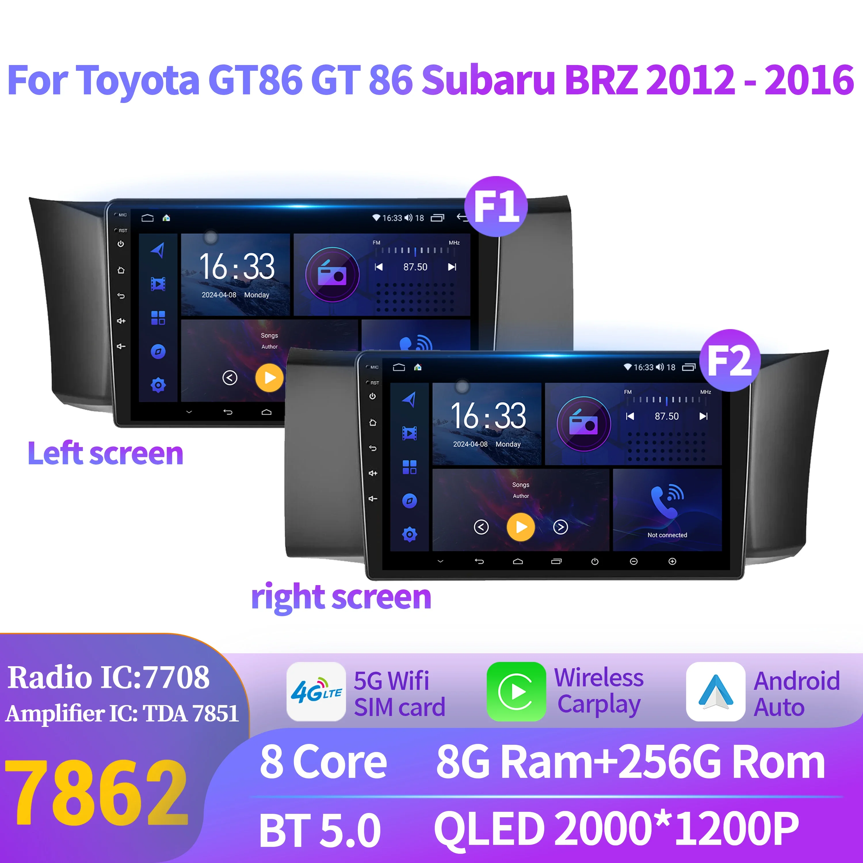 Auto Radio Android 14 Für Toyota GT86 GT 86 Subaru BRZ 2012-2016 Navigation Multimedia Drahtlose BT Carplay Touch 2K QLED Bildschirm