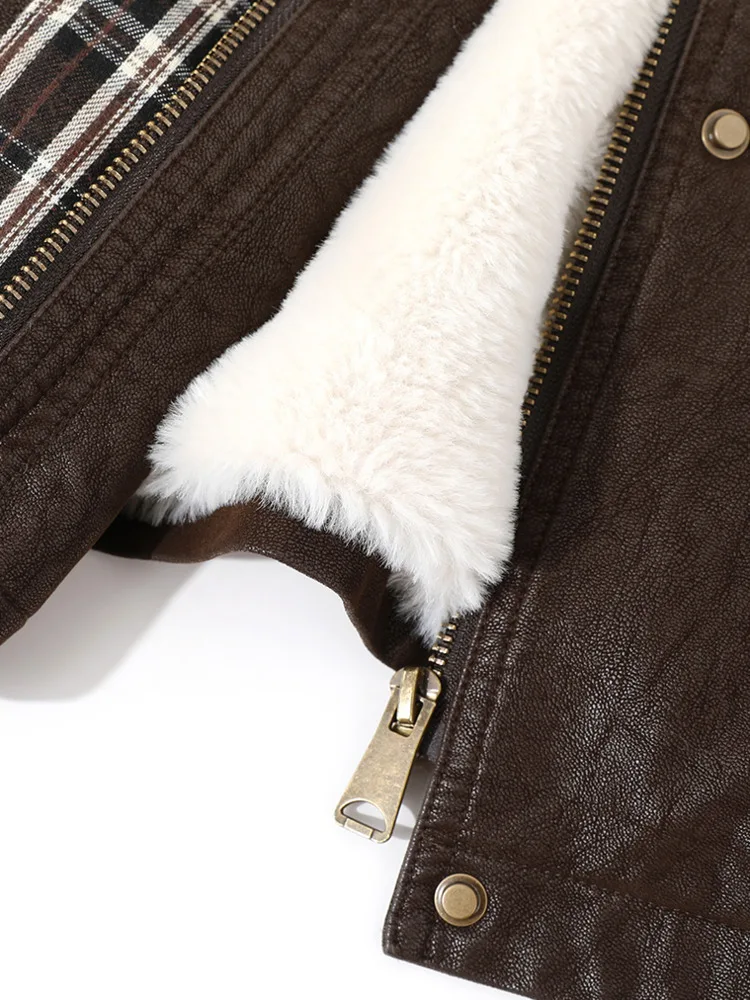 سترة نسائية من الجلد الصناعي من ZMEENNA بياقة سروال قصير مبطن وأكمام طويلة ملابس خارجية منقوشة باللون البني ZM4496 #5