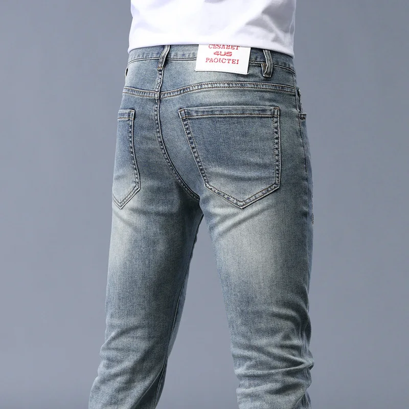 Fashion Rhinestone Printed Jeans Men 2024 New Summer Thin Elastic Light Luxury Versatile Casual Slim Fit Long Skinny Pants