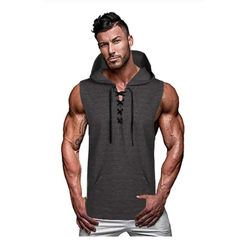 MRMT 2024 Brand New Men's Tank Top Casual Hooded Solid Lace Vest Sleeveless Vest Men's T-shirt For Male Tops Man T Shirt Tshirt