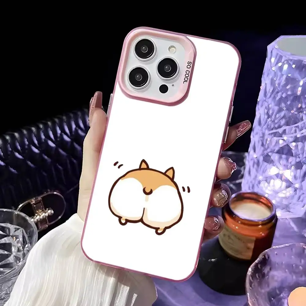 Leuke Cartoon Corgi Telefoonhoesje voor iPhone 16,15,14,13,12,11, Mini, Pro, MAX Roze Matte Schokbestendige Cover