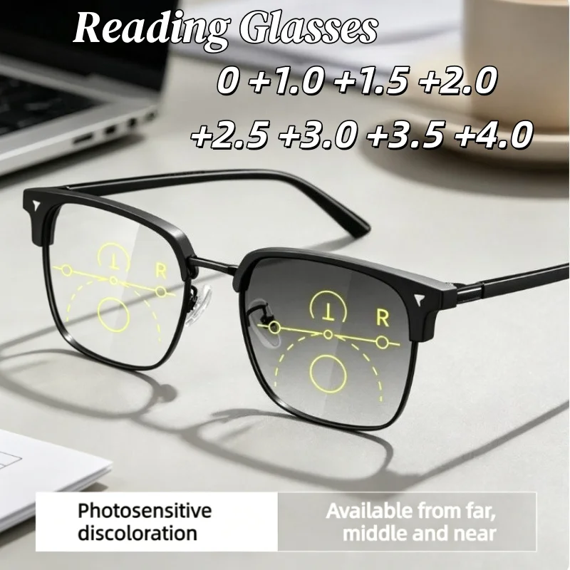 Multifocal Reading Glasses Semi Rim Square Frame Anti Blue Light Presbyopic Glasses Eyewear for Near Far Daily Office 0 To +4.0