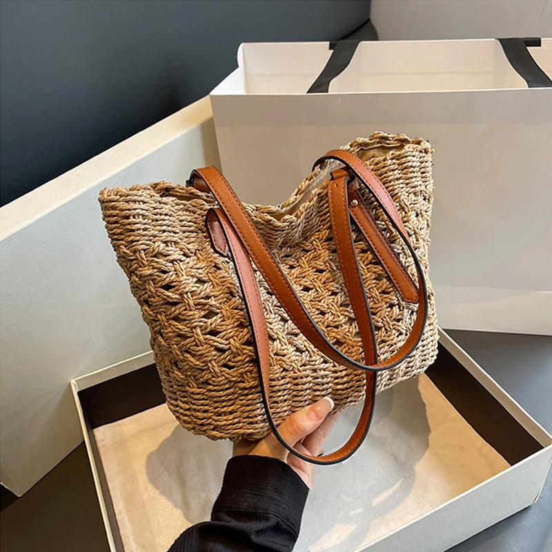 Designer Casual Rattan Wicker Tote Bag Große Kapazität Gewebt frauen Sommer Strand Stroh Handtasche Dame Reise Großen Korb – Detail 20