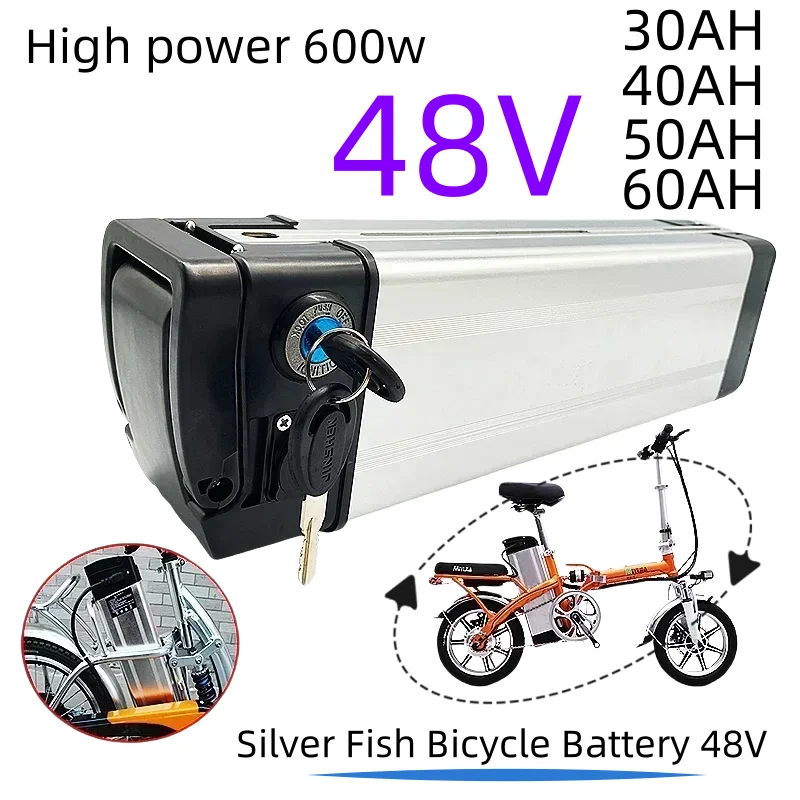 

202418650 Battery 48V 30ah 40ah 50ah 60ah Silver Fish Style Bike Battery 48V Lithium Battery with Aluminum Case Anti-theft Lock