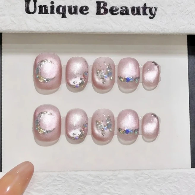 10Pcs Pink Cat Eye Handmade Short Round Press On Nails Full Cover Star Design Square False Nails Wearable Manicure Nail Tips Art