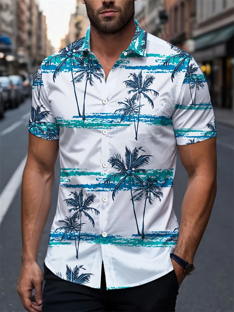 

Новая мужская рубашка с короткими рукавами. Мужская повседневная рубашка на пуговицах в отпускном стиле. Элегантная футболка с короткими рукавами и рисунком кокосовой пальмы.