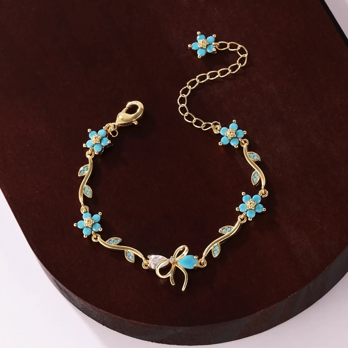 Natürliche Stein-Türkis-Armbänder mit Schleife für Frauen und Mädchen, süßes, funkelndes Zirkon-Blumen-Pflanzen-Kettenarmband, Hochzeitsschmuck