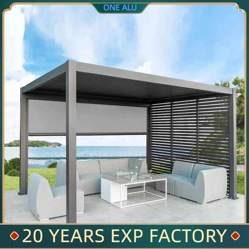 Bioclimatic Aluminum  Pergola 10x10 FT waterproof  louver roof can be flipped manually for outdoor patio
