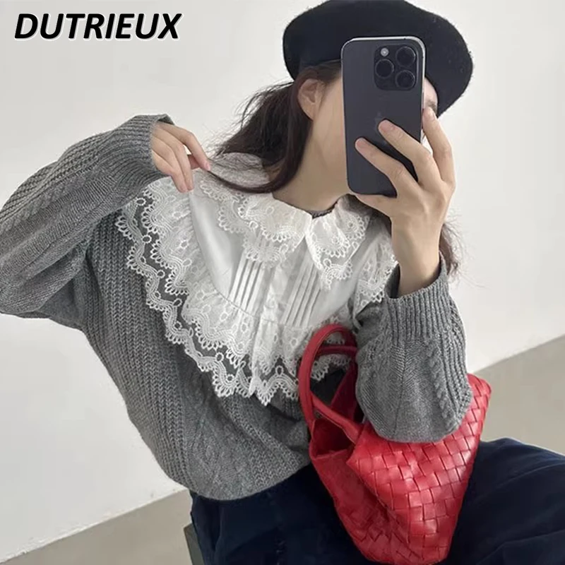 Korean Chic Autumn Winter Sweet Age-reducing Removable Lace Collar Pullover Loose Versatile Long-sleeved Knitted Sweater Women