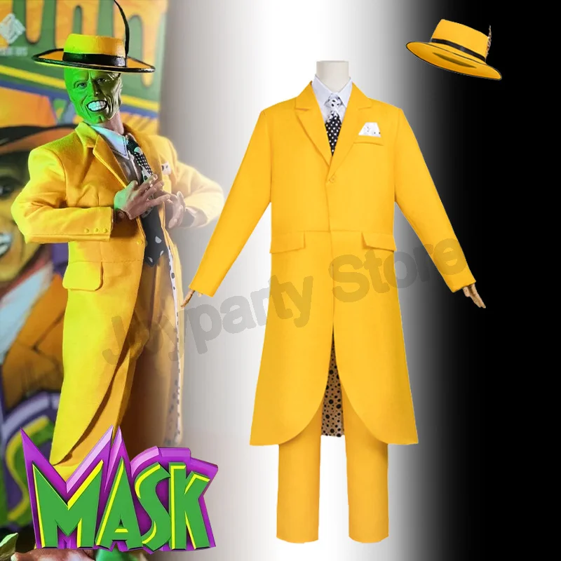 Filmmaske Jim Carrycosplay gelber langer Anzug Maske Hut Halloween-Kostüm Spot verkleidet wie der Exzenter