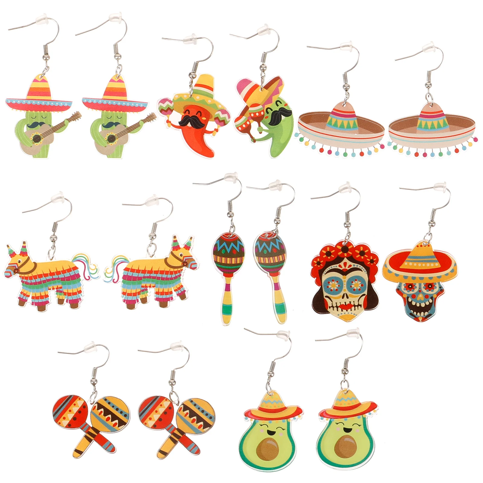 8 Pairs Rainbow Printing Earrings Avocado Multipack for Women Hat Skull