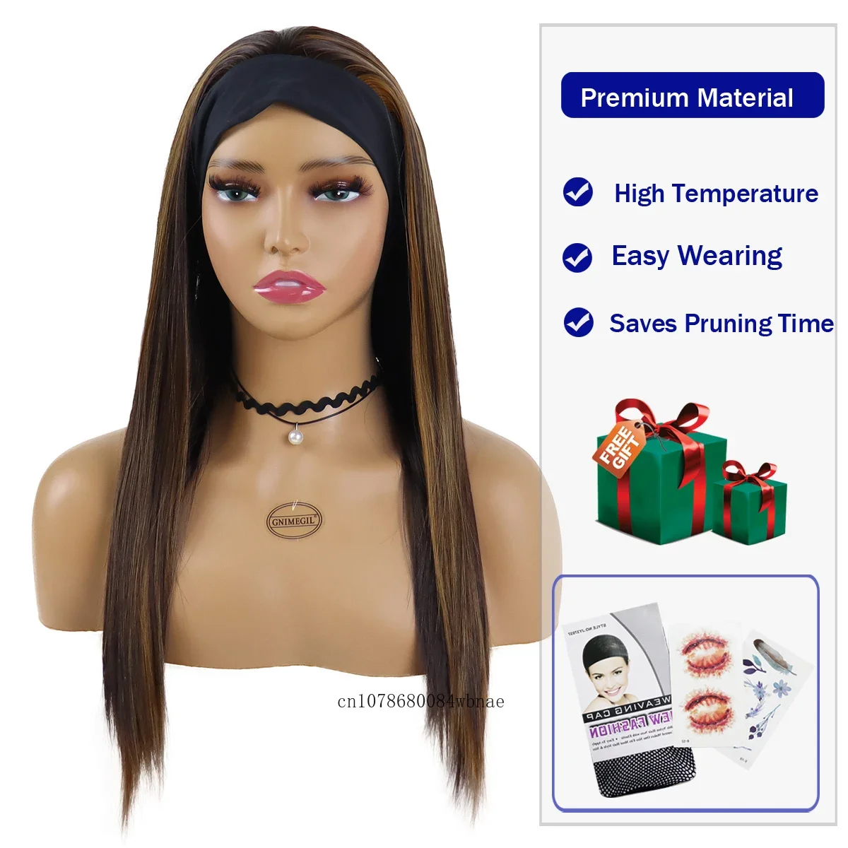 Synthetic Brown Headband Wig for Black Women 23 Inch Long Straight Highlighted Wigs Heat Resistant Natutal Looking Daily Party image 5