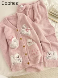 Cute Cartoon Dog Pajama Sets Women's Winter Large Size Thickened Loungewear V Neck Single-breasted Cardigan Pink Sleepwear