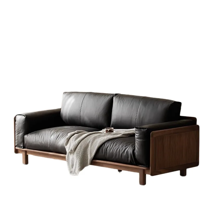 Black walnut sofa full solid wood leather three-person living room small apartment household down filling