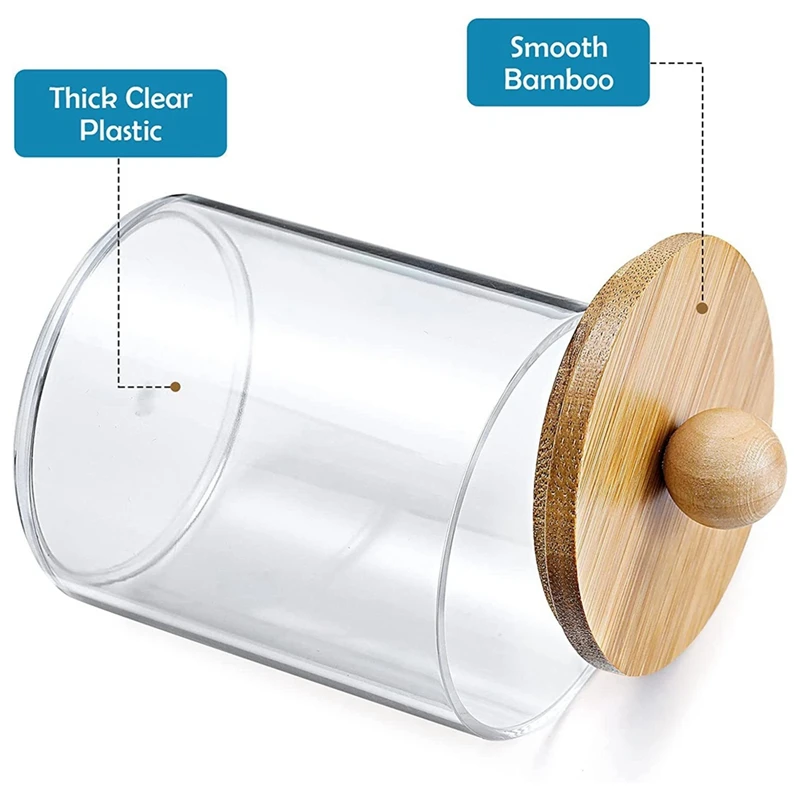 Caja de almohadillas de algodón para baño, organizador de accesorios, contenedores de almacenamiento, frascos de plástico transparente con tapas de bambú para bola de algodón, hilo dental