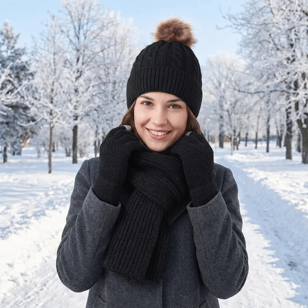3Pcs/Set Beanies Cap Cold Proof Scarf Hat Gloves Set Touch Screen Elastic Woolen Hat Thickened Warmer Mittens Pullover Cap Men