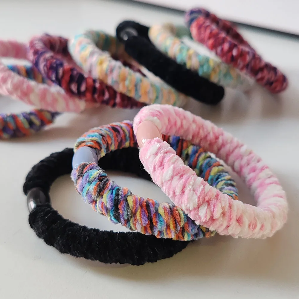 2 Stück Farbblock-Plüsch-Haargummis mit hoher Elastizität für Frauen, dicke Gummi-Haarschlaufen-Haargummis, Pferdeschwanzhalter – Detail 5